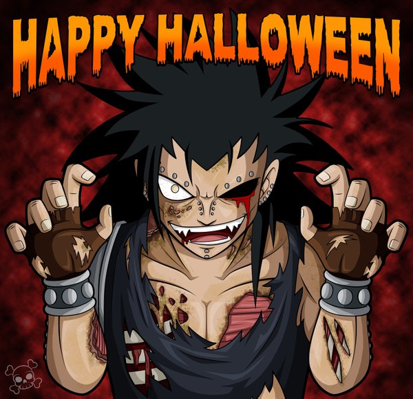 Anime picture 1500x1451 with fairy tail gajeel redfox zombiegirl01 single long hair open mouth black hair simple background yellow eyes inscription teeth piercing torn clothes halloween sharp teeth happy halloween boy gloves fingerless gloves blood