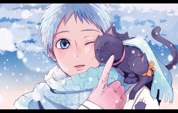 Anime picture 1200x761 with kuroko no basket production i.g kuroko tetsuya p3puhehehe single blush fringe short hair open mouth blue eyes smile green eyes blue hair sky cloud (clouds) eyes closed one eye closed wink snowing letterboxed