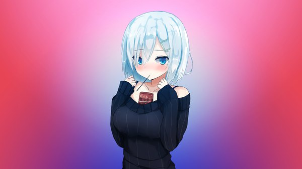 Anime picture 3840x2160 with kantai collection hamakaze destroyer assassinwarrior pinoaisu single looking at viewer blush fringe highres short hair breasts blue eyes simple background hair between eyes wide image large breasts bare shoulders signed absurdres silver hair