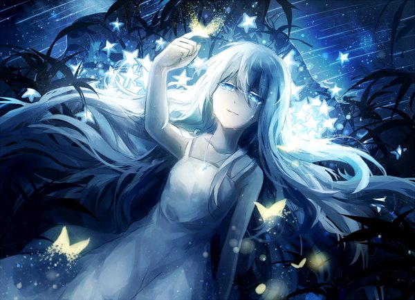 Anime picture 1080x781 with original domik single long hair blue eyes smile sky white hair from above sleeveless tears lens flare outstretched arm flying multicolored eyes shooting star butterfly on hand girl dress plant (plants)