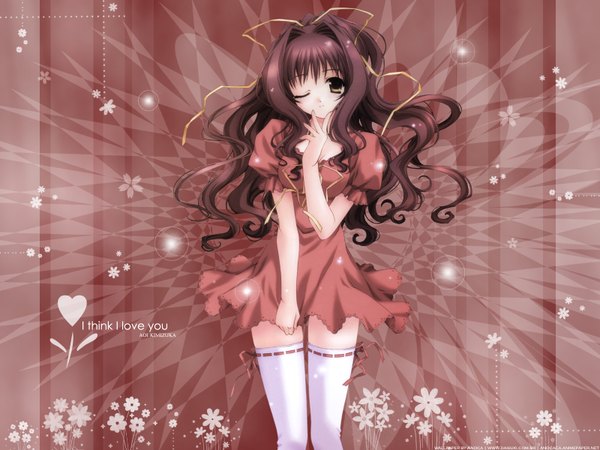 Anime picture 1600x1200 with kimizuka aoi anoca single long hair looking at viewer brown hair brown eyes signed one eye closed text english third-party edit hand to mouth curly hair girl thighhighs dress ribbon (ribbons) hair ribbon white thighhighs