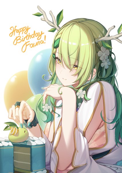Anime-Bild 1736x2456 mit virtual youtuber hololive hololive english ceres fauna ceres fauna (1st costume) erezu single long hair tall image fringe highres smile yellow eyes looking away upper body nail polish horn (horns) green hair hair over one eye mole