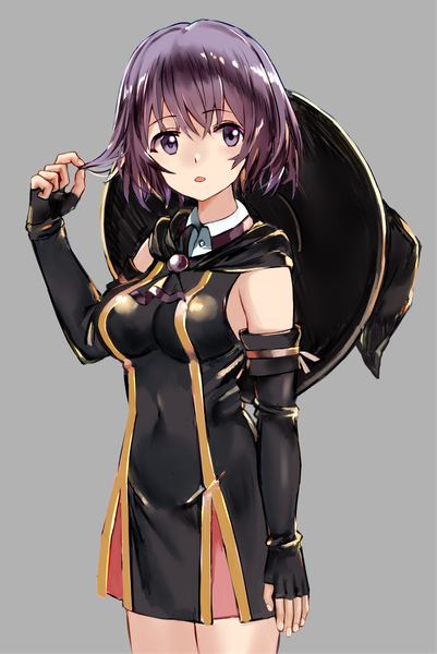 Anime picture 1566x2339 with hai to gensou no grimgar a-1 pictures shihoru (grimgar) luicent single tall image fringe short hair breasts open mouth simple background hair between eyes standing purple eyes holding looking away purple hair arm up grey background sleeveless