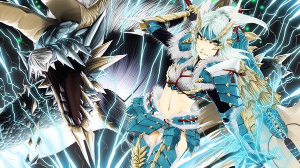 Anime picture 1920x1080 with monster hunter monster hunter (character) zinogre zinogre (armor) poaro single long hair highres open mouth light erotic wide image yellow eyes silver hair horn (horns) teeth midriff fang (fangs) electricity bone (bones) girl