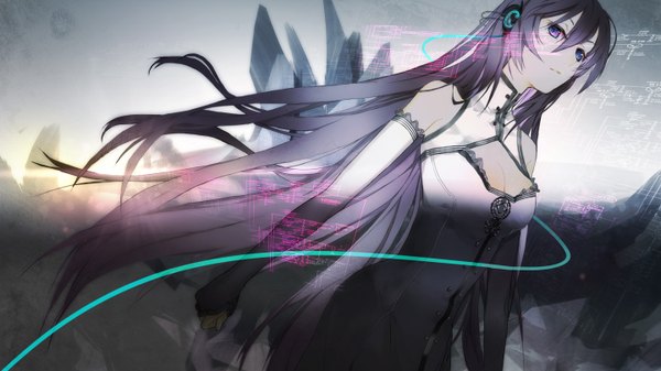 Anime picture 1440x810 with vocaloid megurine luka kazune (baumkuchen) single long hair blue eyes wide image bare shoulders pink hair evening sunset girl headphones fingerless gloves wire (wires) crystal