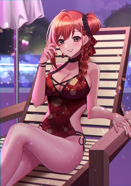 Anime picture 2894x4093 with idolmaster idolmaster shiny colors arisugawa natsuha maguro lo single long hair tall image looking at viewer blush fringe highres breasts light erotic smile hair between eyes large breasts sitting brown eyes sky cloud (clouds)