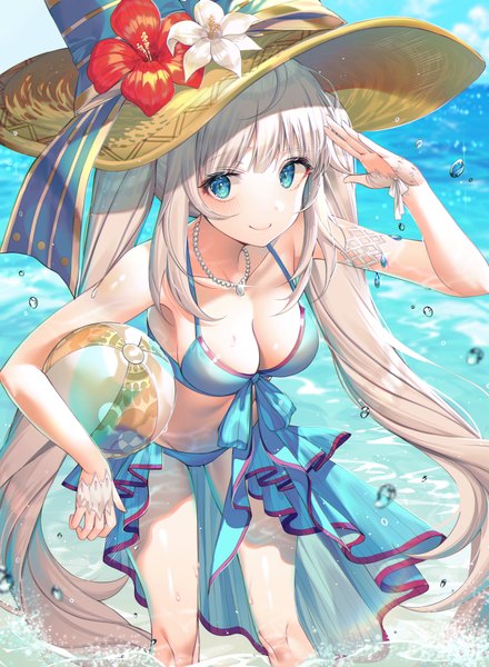 Anime picture 2936x4000 with fate (series) fate/grand order marie antoinette (fate/grand order) marie antoinette (swimsuit caster) (fate) kinty single long hair tall image looking at viewer blush fringe highres breasts blue eyes light erotic smile large breasts standing twintails holding