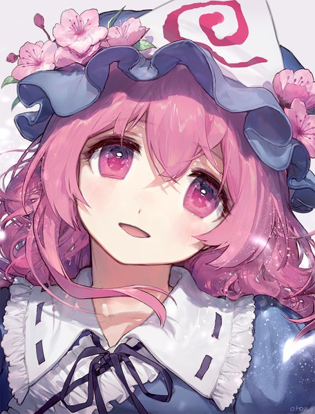 Anime picture 1000x1316 with touhou saigyouji yuyuko ainy single long hair tall image looking at viewer blush fringe open mouth hair between eyes pink hair head tilt :d pink eyes cherry blossoms portrait girl flower (flowers) hat