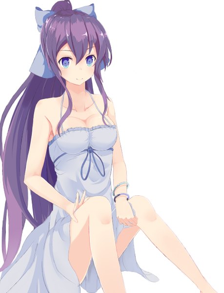 Anime picture 2000x2616 with ryuugajou nanana no maizoukin ryuugajou nanana patisurotto single tall image looking at viewer blush fringe highres breasts blue eyes simple background smile white background sitting bare shoulders cleavage purple hair ponytail bare legs