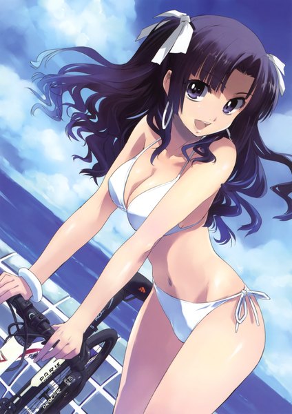 Anime picture 2944x4161 with original morisawa haruyuki single long hair tall image highres open mouth black hair purple eyes absurdres sky cloud (clouds) girl swimsuit bikini sea white bikini ground vehicle bicycle