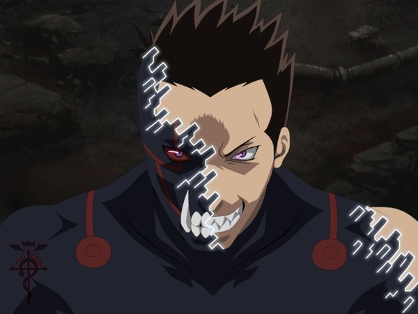 Anime picture 2500x1875 with fullmetal alchemist studio bones greed flo94cody single highres short hair smile brown hair purple eyes upper body from above teeth fang (fangs) grin facial mark sharp teeth smirk red sclera boy