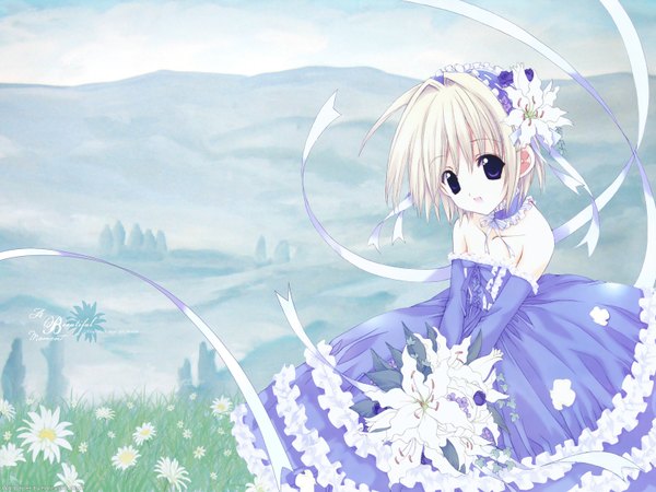 Anime picture 1600x1200 with kishou seireiki nanase aoi single looking at viewer fringe short hair open mouth bare shoulders holding payot sky silver hair outdoors head tilt hair flower black eyes horizon nature hill girl
