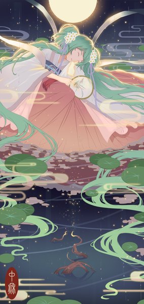 Anime picture 1654x3498 with vocaloid hatsune miku chuushuu meigetsu miku hongse beiyu single tall image eyes closed very long hair traditional clothes parted lips green hair chinese clothes sleeping egasumi girl flower (flowers) water moon full moon fan
