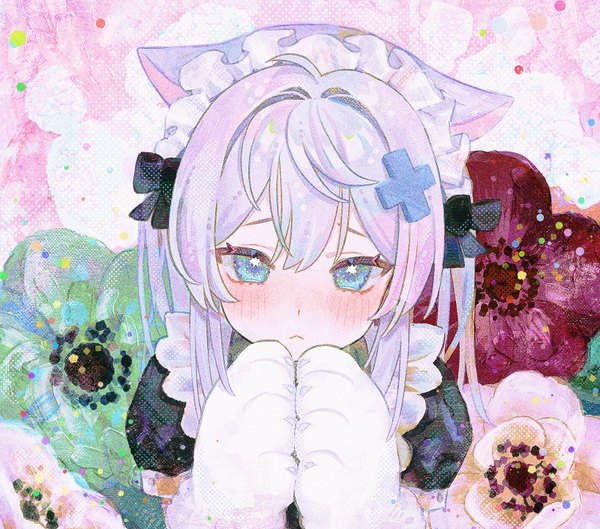 Anime picture 800x705 with virtual youtuber waktaverse gosegu fymrie single looking at viewer blush fringe short hair blue eyes hair between eyes animal ears silver hair upper body cat ears maid symbol-shaped pupils floral background :< girl