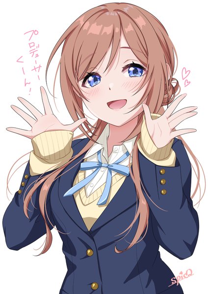 Anime picture 2184x3089 with idolmaster gakuen idolmaster himesaki rinami spicapix single long hair tall image looking at viewer blush highres open mouth blue eyes simple background brown hair white background signed upper body long sleeves :d arms up