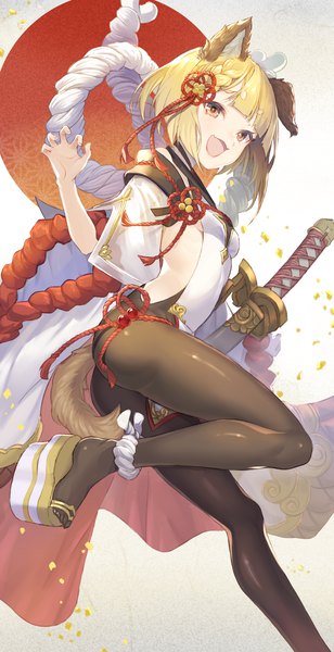 Anime picture 950x1850 with granblue fantasy vajra (granblue fantasy) gi (melmail) single tall image looking at viewer fringe short hair open mouth light erotic blonde hair animal ears yellow eyes bent knee (knees) tail braid (braids) animal tail sheathed dog ears dog tail