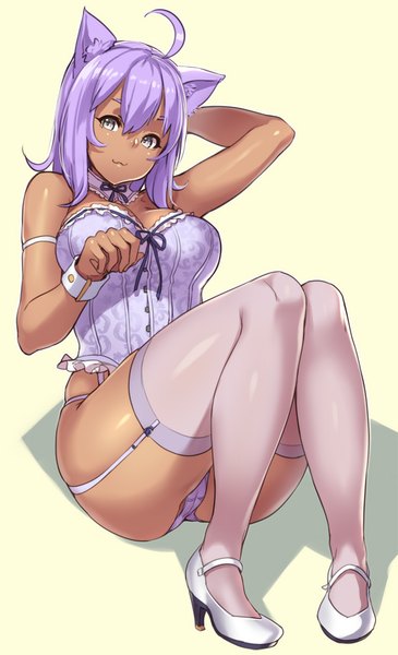 Anime picture 608x1000 with original houtengeki single long hair tall image light erotic simple background white background animal ears purple hair cat ears cat girl underwear only silver eyes girl thighhighs underwear panties purple panties