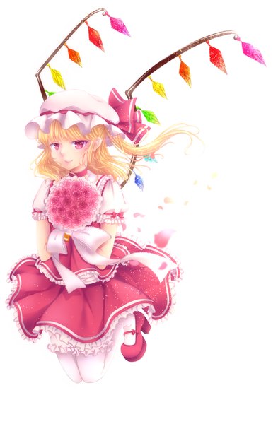 Anime picture 1463x2230 with touhou flandre scarlet hibaarborvitae single tall image short hair blonde hair simple background red eyes white background one side up girl dress flower (flowers) petals wings bonnet bouquet