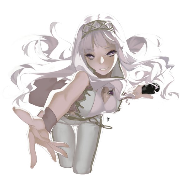 Anime picture 990x1000 with idolmaster shijou takane 92m single long hair tall image looking at viewer blush simple background smile white background bare shoulders silver hair outstretched arm silver eyes pink diamond 765 girl hair ornament belt hairband