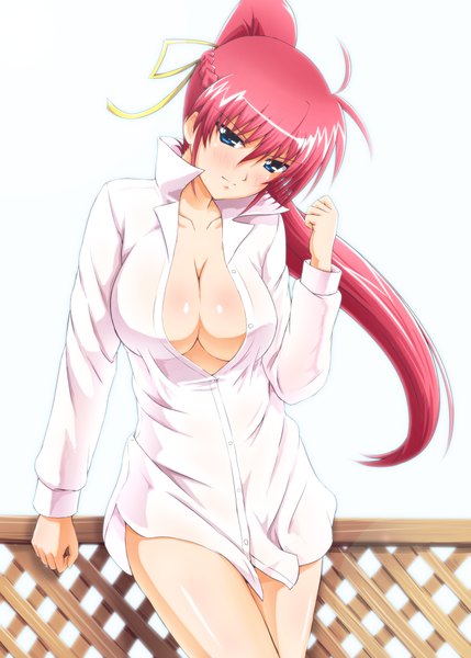 Anime picture 755x1056 with mahou shoujo lyrical nanoha signum diesel-turbo single long hair tall image looking at viewer blush breasts blue eyes light erotic pink hair ponytail open clothes open shirt naked shirt girl shirt
