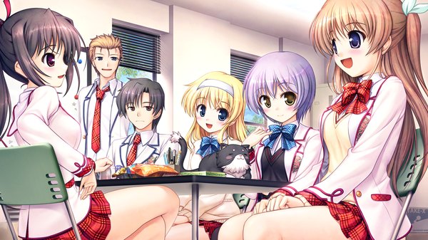 Anime picture 1280x720 with daitoshokan no hitsujikai kakei kyoutarou shirasaki tsugumi suzuki kana sakuraba tamamo misono senri takamine ikkei bekkankou long hair blush short hair open mouth blue eyes black hair red eyes wide image sitting purple eyes multiple girls yellow eyes