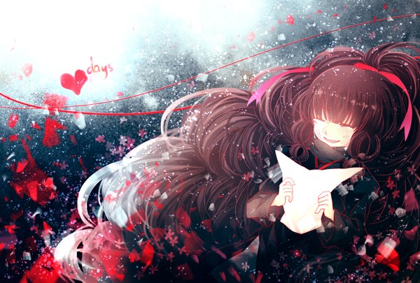 Anime picture 1748x1181 with kagerou project shaft (studio) azami (kagerou project) shuumatsu (lulux woodoo) single fringe highres open mouth brown hair holding eyes closed very long hair happy girl ribbon (ribbons) hair ribbon thread red thread