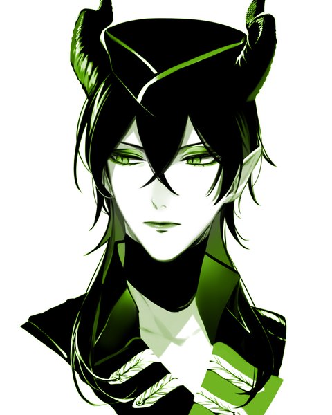 Anime picture 800x1000 with twisted wonderland malleus draconia dodoss dont single long hair tall image fringe black hair simple background hair between eyes white background green eyes looking away horn (horns) pointy ears lipstick turning head portrait eyeshadow green lipstick