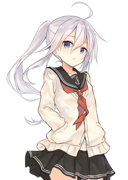 Anime picture 1024x1446 with kantai collection hibiki destroyer azuuru single long hair tall image looking at viewer blush fringe blue eyes simple background hair between eyes white background silver hair ahoge ponytail wind hands in pockets jpeg artifacts girl