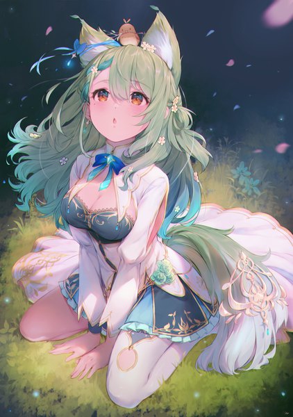 Anime-Bild 1512x2150 mit virtual youtuber hololive hololive english nanashi mumei ceres fauna ceres fauna (1st costume) andychen single long hair tall image blush fringe breasts hair between eyes red eyes sitting animal ears cleavage full body tail