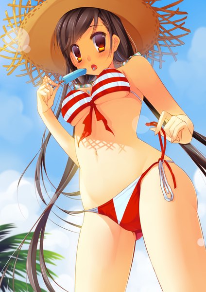 Anime picture 2480x3507 with original abondz single long hair tall image looking at viewer blush highres light erotic black hair twintails sky cloud (clouds) orange eyes girl navel swimsuit hat bikini food