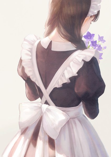 Anime picture 2894x4093 with original romiy single long hair tall image highres simple background brown hair upper body braid (braids) long sleeves from behind maid puffy sleeves girl uniform flower (flowers) bow frills headdress