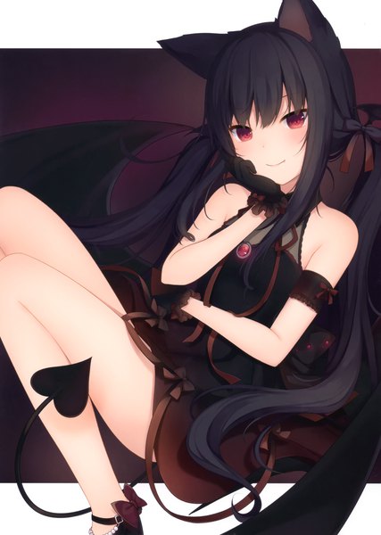 Anime picture 2099x2946 with original nachi single long hair tall image looking at viewer blush fringe highres black hair simple background hair between eyes red eyes twintails bare shoulders animal ears payot bent knee (knees) tail head tilt