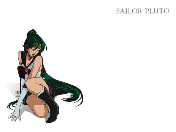 Anime picture 1280x960 with bishoujo senshi sailor moon toei animation meiou setsuna sailor pluto laurenmontgomery single long hair simple background white background ponytail eyes closed green hair girl sailor suit