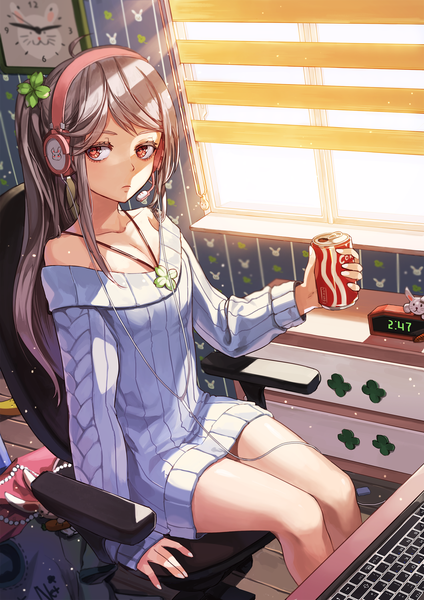 Anime picture 1500x2122 with original coca-cola kim eb single long hair tall image red eyes sitting bare shoulders holding payot looking away ahoge bent knee (knees) ponytail indoors long sleeves arm up grey hair sunlight