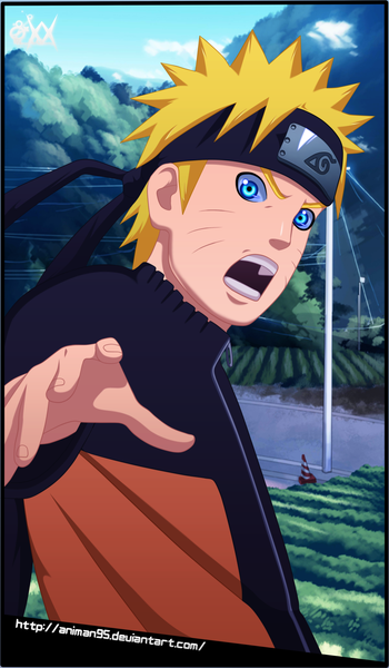 Anime picture 1522x2610 with naruto studio pierrot naruto (series) uzumaki naruto animan95 single tall image short hair open mouth blue eyes blonde hair sky cloud (clouds) coloring facial mark framed whisker markings jinchuriki boy plant (plants)