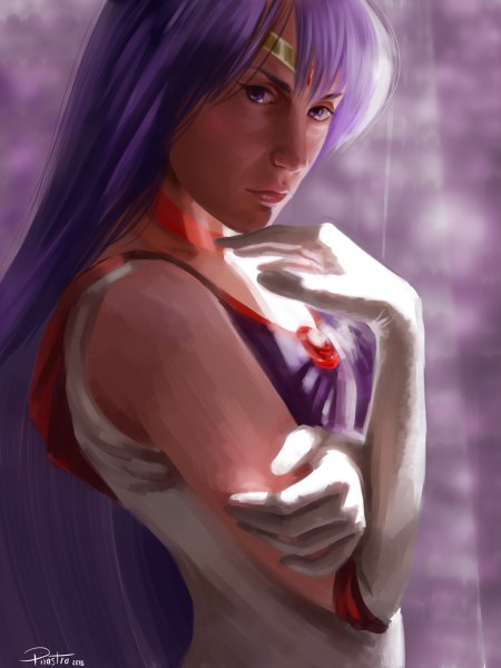 Anime picture 900x1200 with bishoujo senshi sailor moon toei animation sailor mars pirastro (artist) single long hair tall image looking at viewer simple background purple eyes purple hair sunlight sleeveless light purple background girl gloves elbow gloves