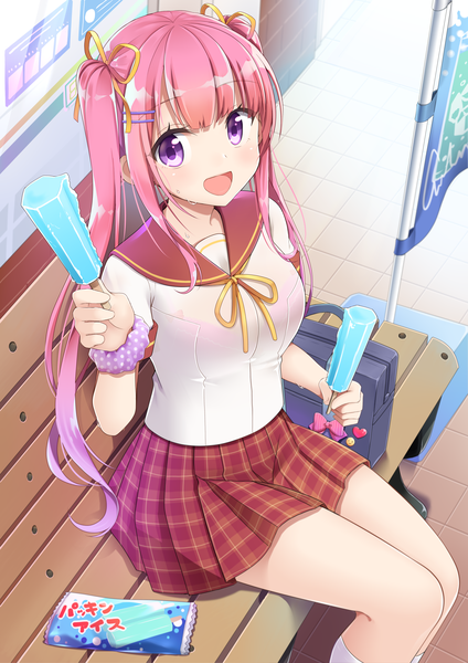 Anime picture 2893x4092 with original nomu ra nomu single long hair tall image looking at viewer blush fringe highres open mouth light erotic smile sitting purple eyes twintails holding payot pink hair bent knee (knees) blunt bangs