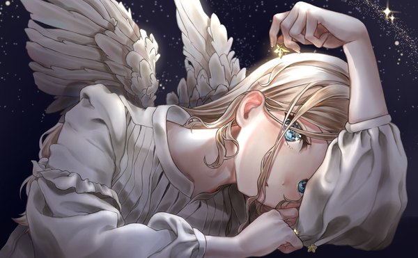 Anime picture 1941x1200 with original rearea 7777 single long hair looking at viewer highres blue eyes blonde hair wide image holding reclining white wings girl wings star (symbol)