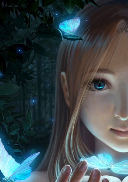 Anime picture 1024x1448 with original natsuki-3 (artist) long hair tall image blue eyes brown hair lips realistic night face girl plant (plants) tree (trees) leaf (leaves) insect butterfly