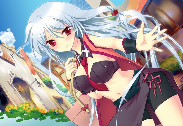 Anime picture 1370x942 with futsuno fantasy long hair blush red eyes game cg white hair girl navel necktie bag