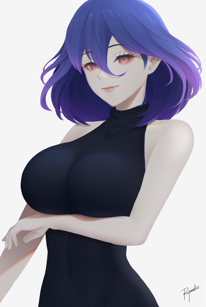 Anime picture 1000x1488 with kinsou no vermeil vermeil (kinsou no vermeil) ryumikooo single tall image looking at viewer fringe short hair breasts light erotic simple background hair between eyes red eyes large breasts white background bare shoulders signed purple hair upper body lips