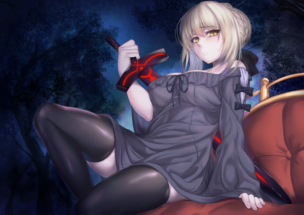 Anime picture 1771x1254 with fate (series) fate/grand order artoria pendragon (all) saber alter hirasawa seiji single looking at viewer blush fringe highres short hair breasts light erotic blonde hair hair between eyes sitting holding yellow eyes payot outdoors