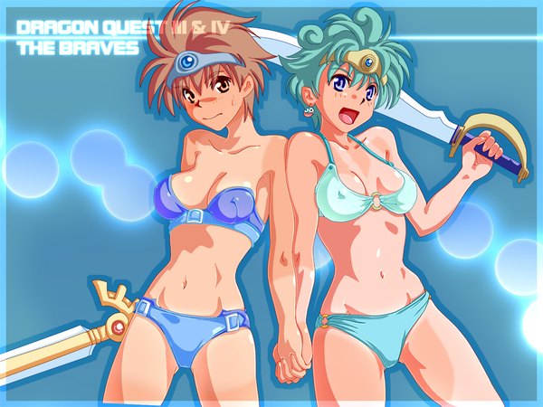 Anime picture 1024x768 with dragon quest dragon quest iii dragon quest iv roto heroine (dq4) damedungeon breasts open mouth blue eyes light erotic brown hair multiple girls brown eyes green hair sweat holding hands sweatdrop tan tan lines girl