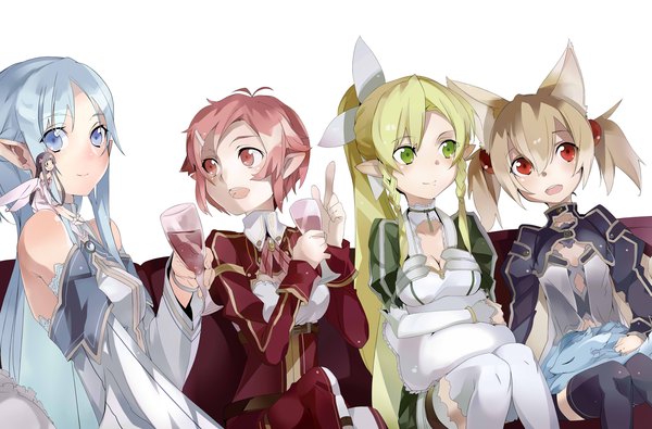 Anime picture 1845x1217 with sword art online a-1 pictures yuuki asuna leafa silica yui (sao) lisbeth asuna (sao-alo) pina (sao) aicky long hair highres short hair open mouth blue eyes blonde hair red eyes sitting multiple girls green eyes