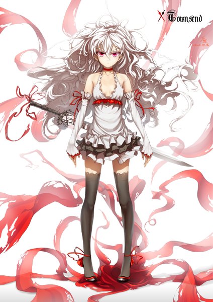 Anime picture 1061x1500 with original glycyrrhizae single long hair tall image looking at viewer standing bare shoulders white hair pink eyes flat chest frown girl thighhighs dress weapon black thighhighs detached sleeves sword choker