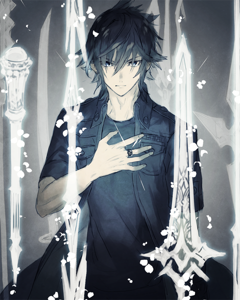 Anime picture 640x800 with final fantasy final fantasy xv square enix noctis lucis caelum ebira single tall image looking at viewer fringe short hair blue eyes hair between eyes upper body open jacket hand on chest serious boy jacket ring