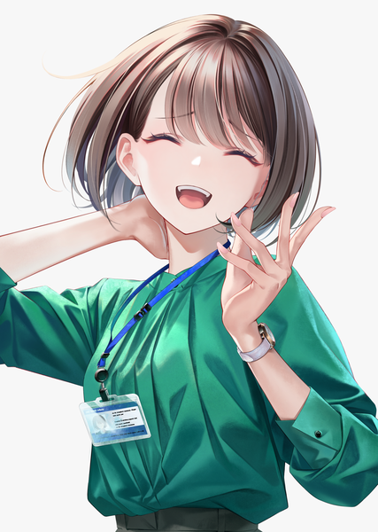 Anime picture 1290x1811 with original sousou (sousouworks) single tall image fringe short hair open mouth simple background smile brown hair white background upper body blunt bangs eyes closed arms up teeth happy ^ ^ ^o^ bob cut