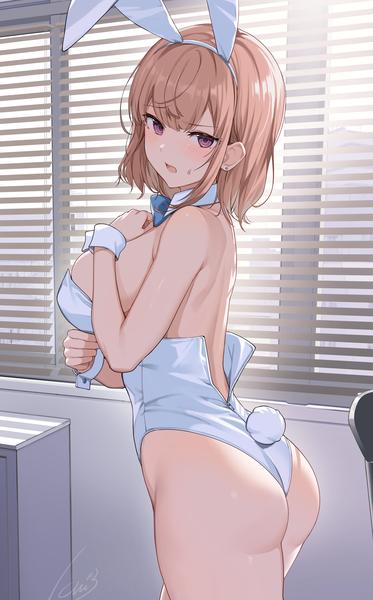 Anime picture 2315x3720 with original ikomochi single tall image looking at viewer blush fringe highres short hair breasts open mouth light erotic brown hair large breasts standing purple eyes signed animal ears ass indoors