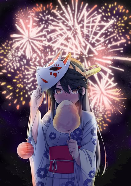 Anime picture 1500x2118 with kantai collection haruna battleship @ichigo single long hair tall image blush fringe black hair hair between eyes holding brown eyes upper body traditional clothes japanese clothes night night sky floral print eating covered mouth