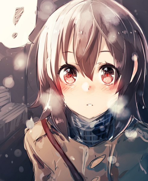 Anime picture 900x1100 with original shiratan single tall image looking at viewer blush short hair red eyes brown hair from above symbol-shaped pupils snowing winter exhalation ! girl coat speech bubble bench